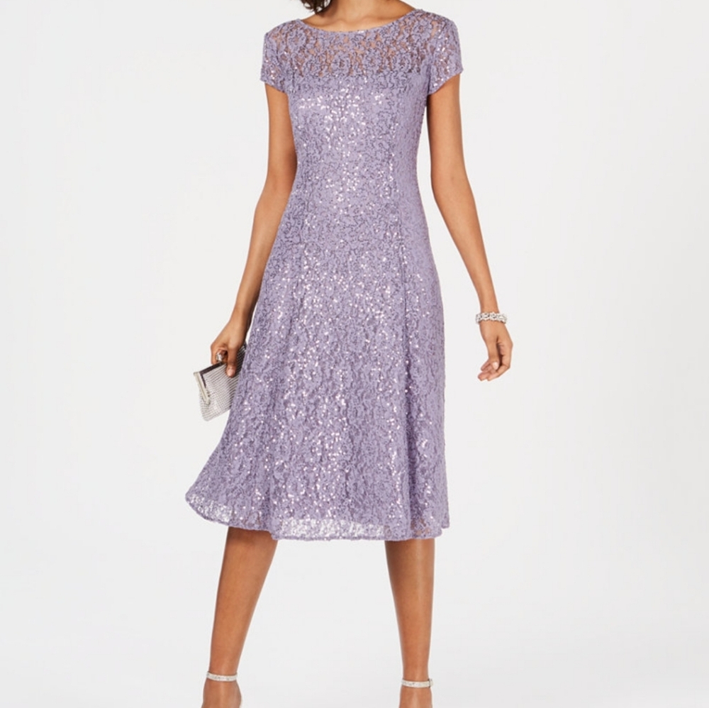 SLNY Lavender Lace & Sequin Tea Length Dress